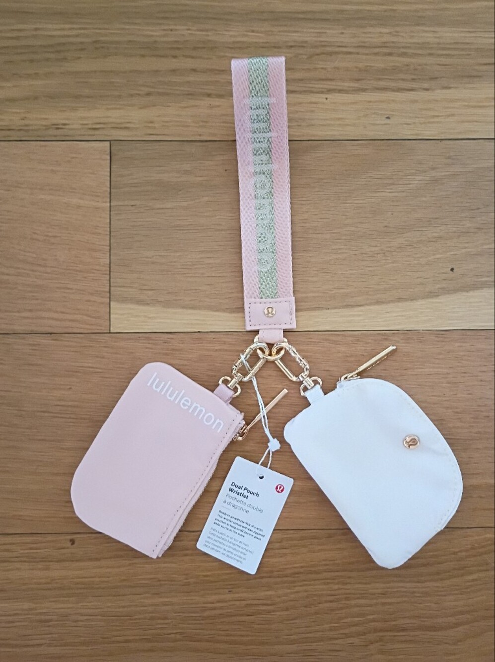Lululemon Pink White And Gold Dual Pouch Keychain Wristlet